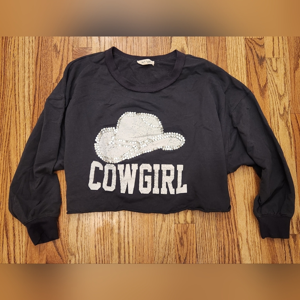 Oversized Crop-top Long Sleeve Rhinestone Cowgirl Top by Peach Love, Size:Small